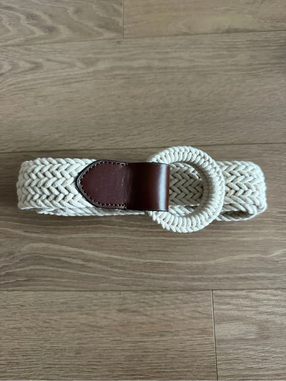 Women’s Woven Cotton Rope Belt with Brown Leather Accent - Cream - XL 44”